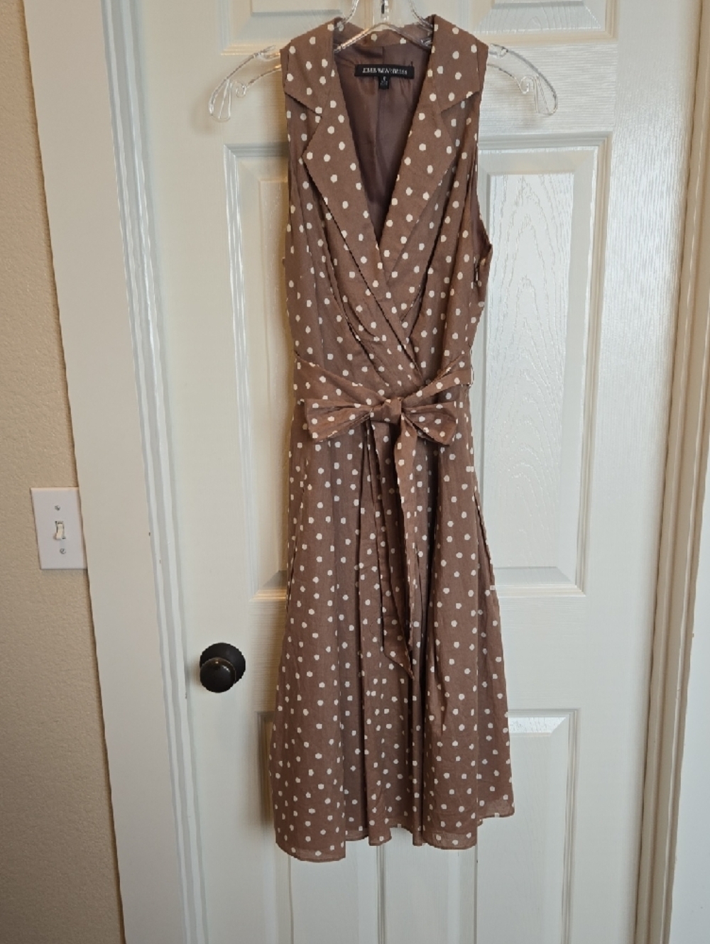 Brown Polka Dot Sleeveless Lined Wrap Midi Dress, Side ZIP